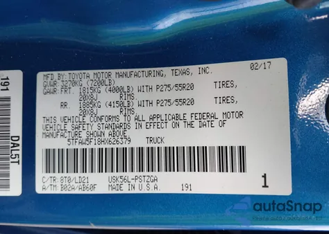 2017 Toyota Tundra 1794 5.7L V8 from USA, damaged, VIN 5TFAW5F18HX626379